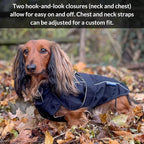 DJANGO Dog Jacket & Raincoat – Lightweight Water-Resistant Coat for Small, Medium, Long Dogs, & Dachshunds – Reflective, Adjustable Fit, Harness-Compatible & Easy-Access Harness Hole - Black, Medium