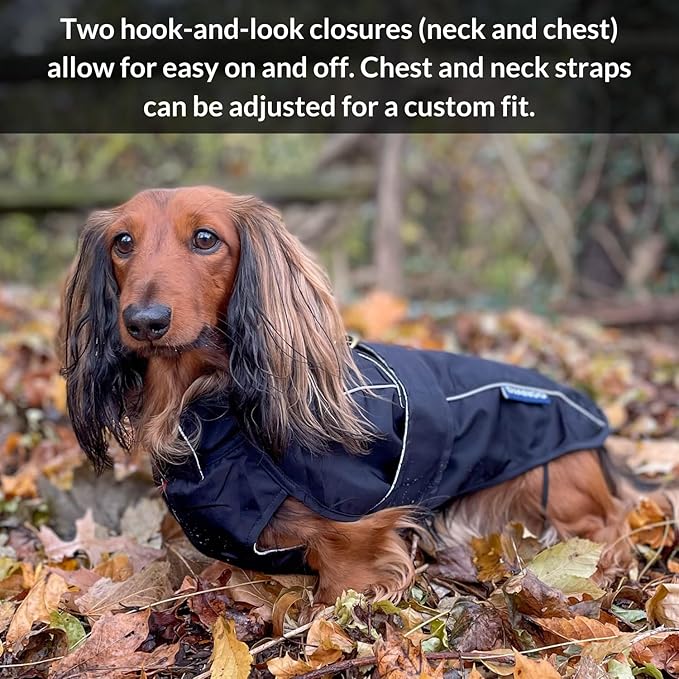DJANGO Dog Jacket & Raincoat – Lightweight Water-Resistant Coat for Small, Medium, Long Dogs, & Dachshunds – Reflective, Adjustable Fit, Harness-Compatible & Easy-Access Harness Hole - Black, Medium