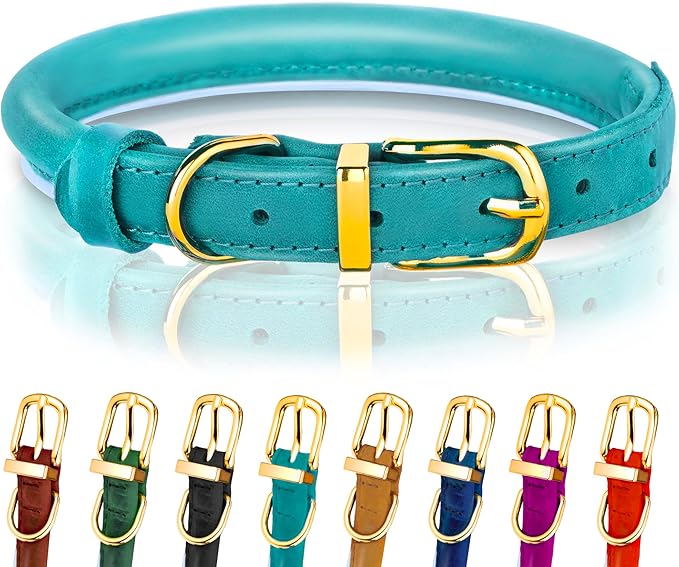 OOPSDOGGY Reflective Rolled Leather Dog Collar Adjustable Soft Padded Pet Collar for Small Medium Large Breed Dogs (Teal, S, 10"-13")