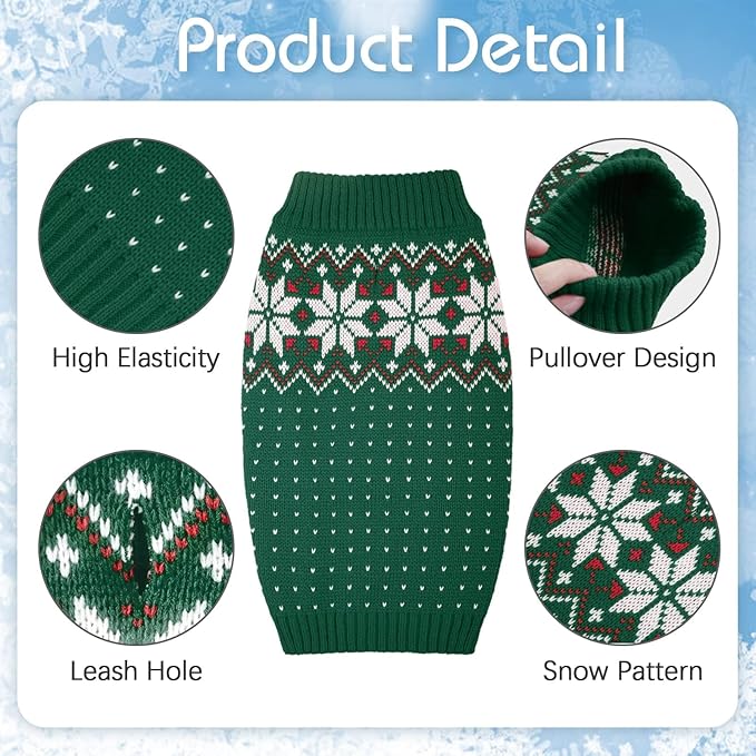 Kuoser Dog Sweater, Holiday Christmas Snowflake Pet Warm Knitwear Dog Sweaters Soft Puppy Clothing, Doggie Turtleneck Cold Weather Outfit Pullover for Small Medium Large Dogs Cats, Green S