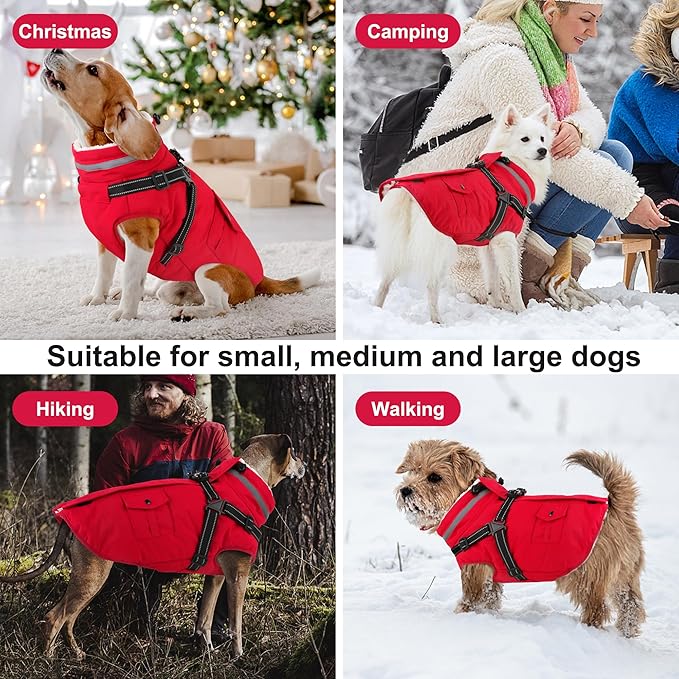 Dogcheer Dog Coat with Harness, Waterproof Warm Dog Winter Jacket with Pockets, Reflective Pet Fleece Jacket Turtleneck Snowsuit for Small Medium Large Dogs - Red, XS