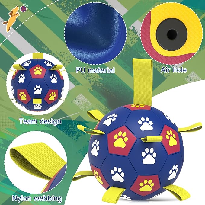 QDAN Dog Toy Balls, Premium Dog Soccer Ball with Straps, Outdoor Dog Toys, World Cup Pet Training Soccer for Medium to Large (8 Inch)