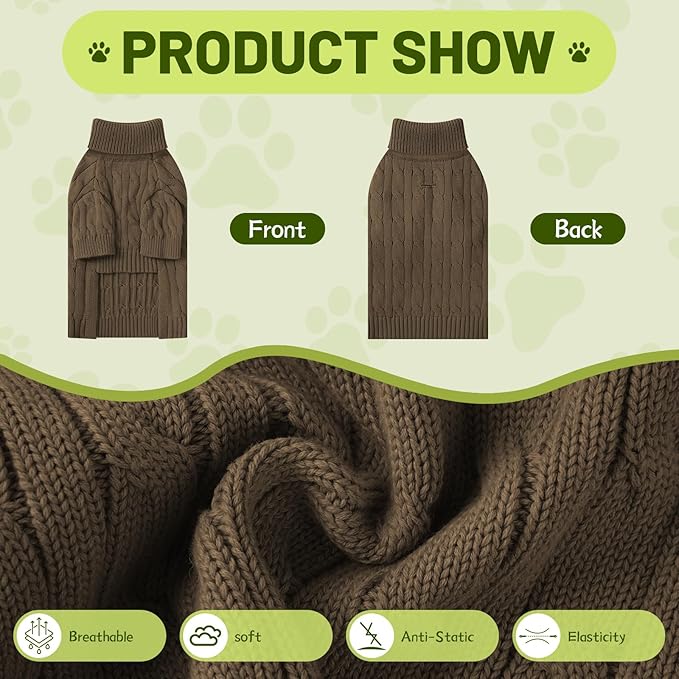 Small Dog Thermal Pullover Sweater, Classic Turtleneck Cable Knitwear Dog Clothes for Cold Weather Warm Pet Clothes for Chihuahua, Bulldog, Dachshund, Pug Tan Medium