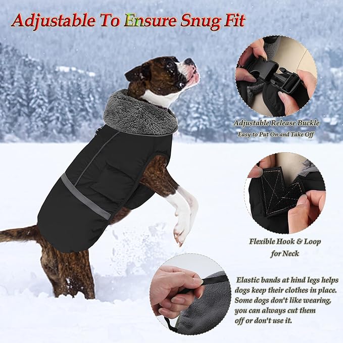 Dogcheer Warm Dog Coat, Waterproof Dog Jacket Christmas Puppy Winter Coat with Buckle, Reflective Adjustable Pet Snow Jacket Turtleneck Fleece Sweater for Small Medium Large Dogs - Black, L