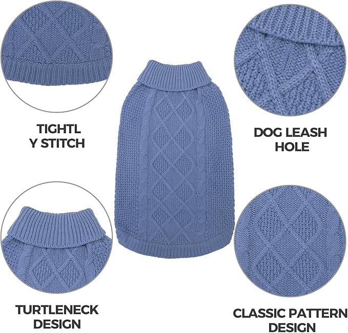 Mihachi Turtleneck Dog Sweater - Winter Coat Apparel Classic Cable Knit Clothes with Leash Hole for Cold Weather, Ideal Gift for Pet in New Year Grayish Blue SM