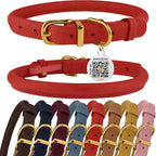 BronzeDog Rolled Leather Dog Collar with QR ID Tag, Adjustable Soft Round Collars for Small Medium Large Dogs Puppy (14" - 16" Neck Size, Classic Red)