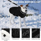 Large Dog Coat with Harness Built-in, Waterproof Reflective Fleece Lined - Warm Windproof Winter Jacket with Back Zipper, Cold Weather Snow Dog Coats - Black - 2XL
