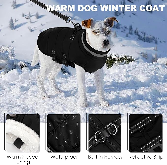 Large Dog Coat with Harness Built-in, Waterproof Reflective Fleece Lined - Warm Windproof Winter Jacket with Back Zipper, Cold Weather Snow Dog Coats - Black - 2XL