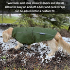DJANGO Dog Jacket & Raincoat – Lightweight Water-Resistant Coat for Small, Medium & Long Dogs Like Dachshunds – Reflective, Adjustable Fit, Harness-Compatible & Easy-Access Harness Hole - Green Medium