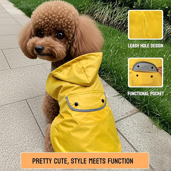 Small Dog Raincoat Dogs Rain Jacket Reflective Poncho Rainwear Waterproof Pet Clothes Warm Lined Pocket Hooded Leash Hole Adjustable for Puppy,Yellow,S,Back Length 8.3 Inch