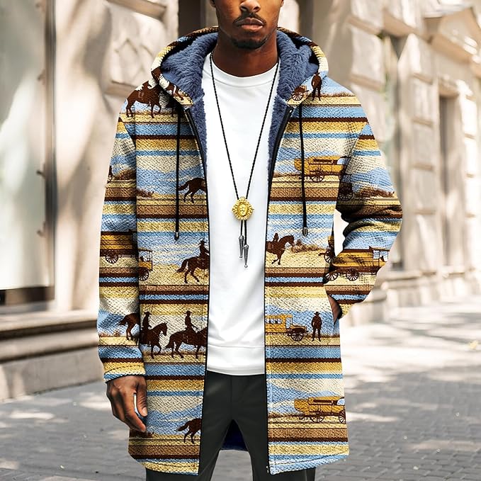 Mens Long Cardigan Hoodies Full Zip Fleece Lined Jackets Fashion Knitted Color Block Hooded Coat with Pockets