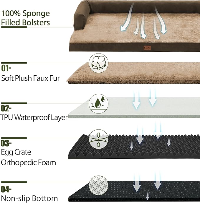 Orthopedic XXL Dog Beds, Waterproof Egg Crate Foam Big Pet Bed for All Breed Sized Dogs 53x42Inch, Washable Extra Large Dog Couch Bed with Removable Cover and Non-Slip Bottom, Brown
