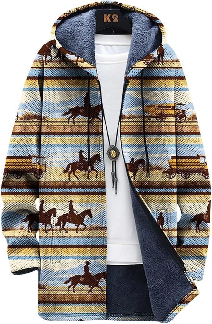 Mens Long Cardigan Hoodies Full Zip Fleece Lined Jackets Fashion Knitted Color Block Hooded Coat with Pockets
