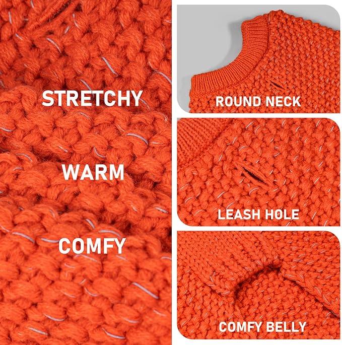 KYEESE Dog Sweater with Leash Hole Comfy Pullover Sweater Medium Size Male with Reflective Yarn Warm Pet Coats Stretchy Cozy Lightweight Thick Knitwear Dog Clothes,Orange, X-Large