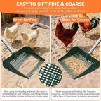 Chicken Poop Scooper & Rake 2-in-1, Pooper Scooper with 13in Wider PP Head & Adjustable Stainless Steel Handle, 33''-69'' Sand Sifting Shovel Litter Scooper for Chicken Coop/Small Farm Animals