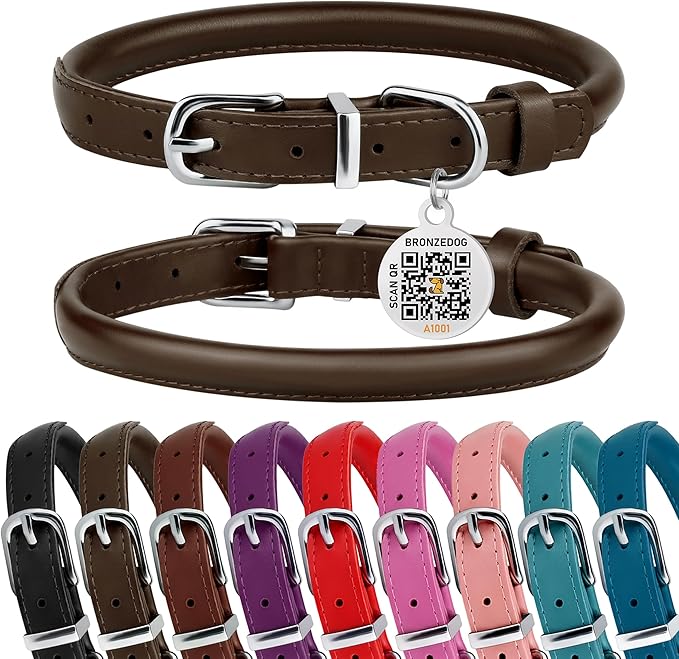 BRONZEDOG Rolled Leather Dog Collar for Small Medium Large Dogs with QR ID Tag (S: 12-14 Inch, Coffee Brown)