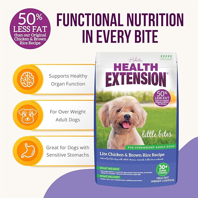 Health Extension Little Bites LITE Dry Dog Food, Chicken & Brown Rice for Toy and Small Breeds, Supports Healthy Weight, Digestion, Coat & Joint Health with Probiotics & Superfoods, 4 lb Bag