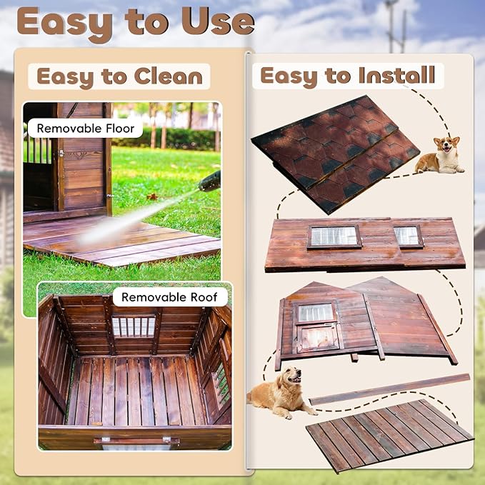 Extra Large Dog House Outdoor Outside Insulated Dog Kennel Weatherproof Pine Wood Pets Home with Elevated Floor,Lockable Door,Adjust Windows,Easy to Clean for Medium Large Dogs