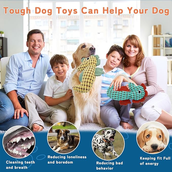 Crinkle Dog Toys Squeaky Plush No Stuffing Cute Puppy Stuffless Tough Rop Pull Toy, Fun Dog Stuffed Animals Durable Chew Set for Small Medium Large Pup (Large, Yellow+Green Seahorses)