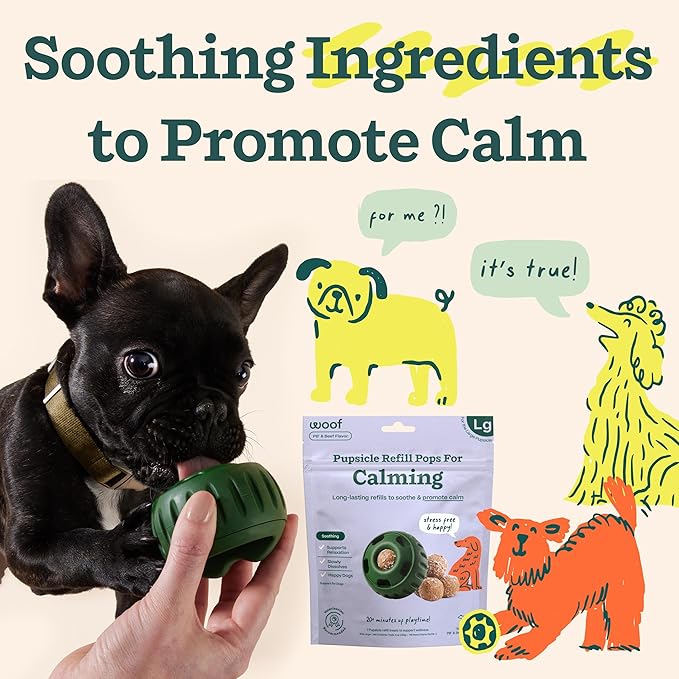WOOF Pupsicle Calming Starter Kit - Pupsicle and Calming Pops Bundle - Long-Lasting Interactive Dog Toy - 10 Refills with Thiamine, Tryptophan, Passion Flower for Medium and Large Dogs 25-75 lbs