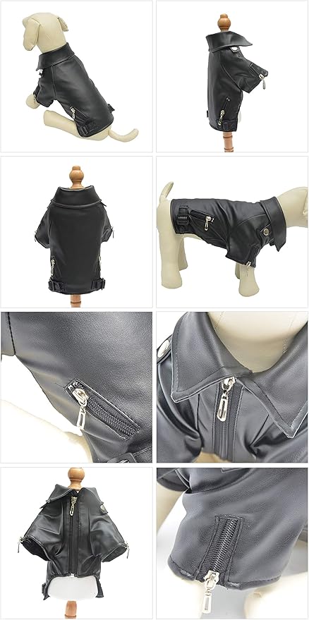 Lovelonglong Cool Dog Leather Jacket, Warm Coats Dogs Windproof Cold Weather Coats for Pugs Bulldog Pitbull Black B-M