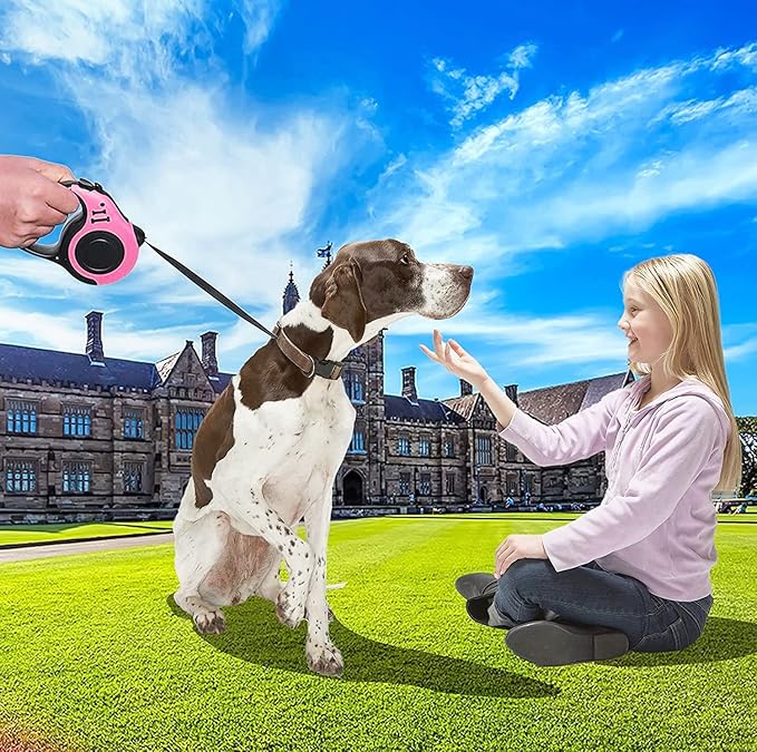 Retractable Heavy Duty Dog Leash - 16FT Pink, Tangle-Free Nylon Tape, Anti-Slip Handle, Waste Bag Dispenser for Small Dog or Cat up to 26 lbs