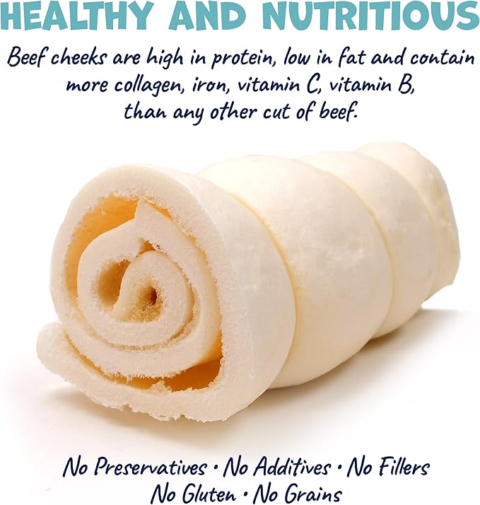 Beef Cheek Rolls for Dogs - Natural & Odor-Free Dog Treats - 5 to 6 Inch Medium Beef Hide Dog Chews - 8 Pack
