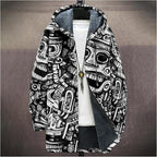 Mens Aztec Print Hoodie Heavyweight Cotton Fleece Jacket Zip Up Warm Long Sleeve Hooded Winter Midi Coat