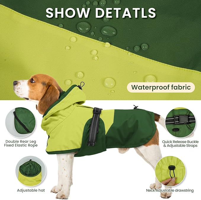 BRKURLEG Dog Raincoat for Small Medium and Large Dogs Waterproof Dog Rain Jacket Adjustable Hooded Dogs Raincoat Pet Rain Coat Poncho with Leash Hole, Reflective Strip, Green, XL