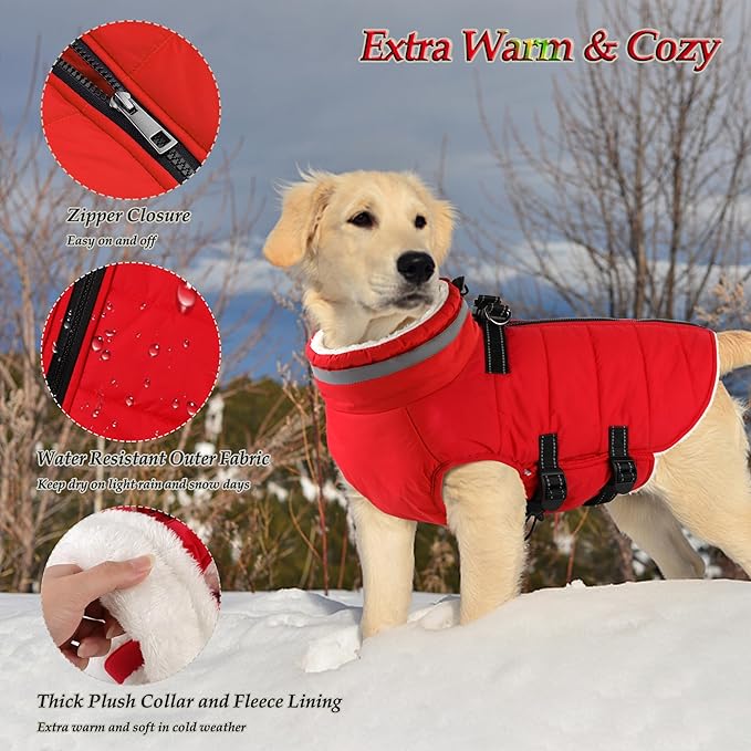 Dogcheer Dog Coat with Harness, Waterproof Dog Jacket Adjustable Pet Winter Coat with Zipper, Christmas Puppy Snow Jacket Fleece Sweater for Small Medium Large Dogs - Red 3XL