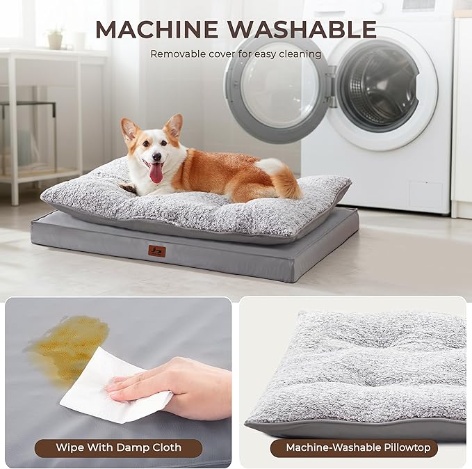 Orthopedic Dog Bed for Ctrate, Waterproof PillowTop Pet Bed for Medium Large Size Dogs, Egg-Crate Foam Dog Crate Mat with Removable Washable Cover, 2-Layers Kennel Pad 36"L x 27"W, Light Grey