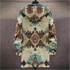 Mens Aztec Print Hoodie Heavyweight Cotton Fleece Jacket Zip Up Warm Long Sleeve Hooded Winter Midi Coat