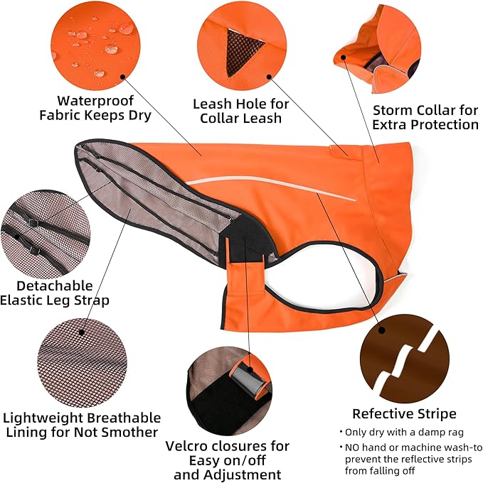 Mile High Life Dog Raincoat, Adjustable Waterproof Reflective Rain Jacket for Small Medium Large Dogs, Lightweight Breathable Pet Rain Coat with Leash Hole(Orange,L Chest 32-40")