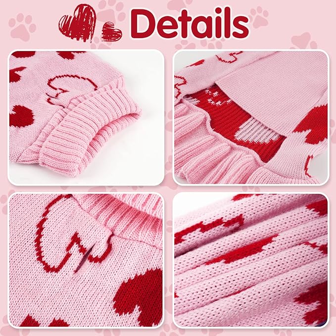 cyeollo Small Dog Sweater Dress Valentines Day Dog Clothes Pullover Turtleneck with Leash Hole Heart Pattern Holiday Theme Female Pet Apparel