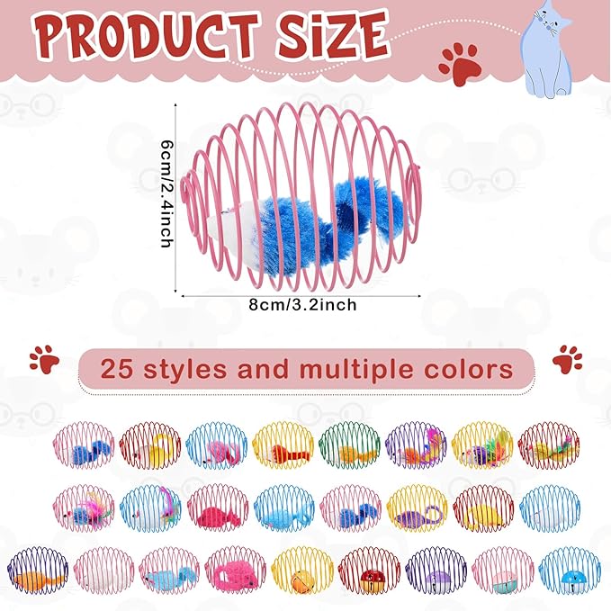 Jecery 5 Pcs Halloween Cat Spring Balls Toys Stretchable Rolling Balls Colorful Playful Coils Interactive Spring Action Toy Caged Rats for Kitten Cat Pet Supplies(Mouse and Bell,Colorful,25 Pcs)