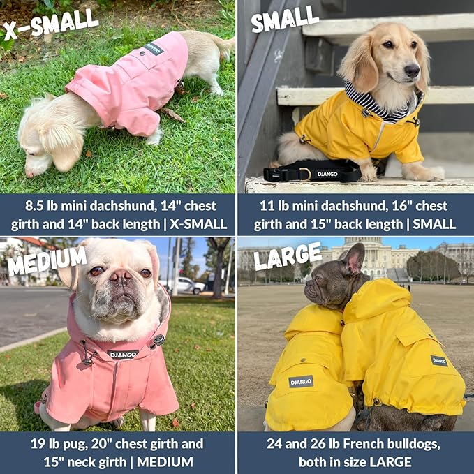 DJANGO Highland Dog Jacket & Raincoat – Water-Repellent, Lined Dog Coat with Hood, Adjustable Fit & Harness Hole – Lightweight Rain & Wind Jacket for Small & Medium Dogs up to 30 lbs (Red, Small)