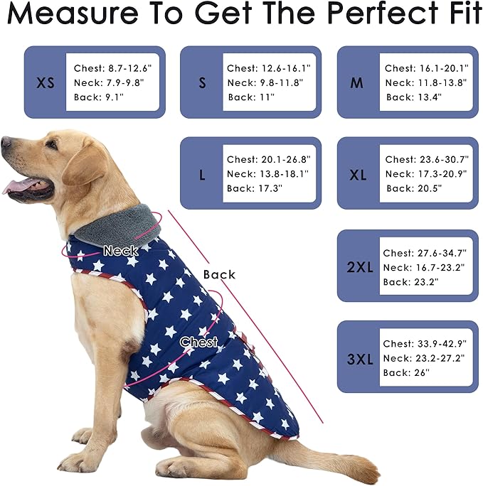 Dog Coat, Waterproof Dog Winter Jacket with Pocket, Reflective Adjustable Pet Snow Vest, Warm Cozy Fleece Sweater for Small Medium Extra Large Dogs - American Flag, S
