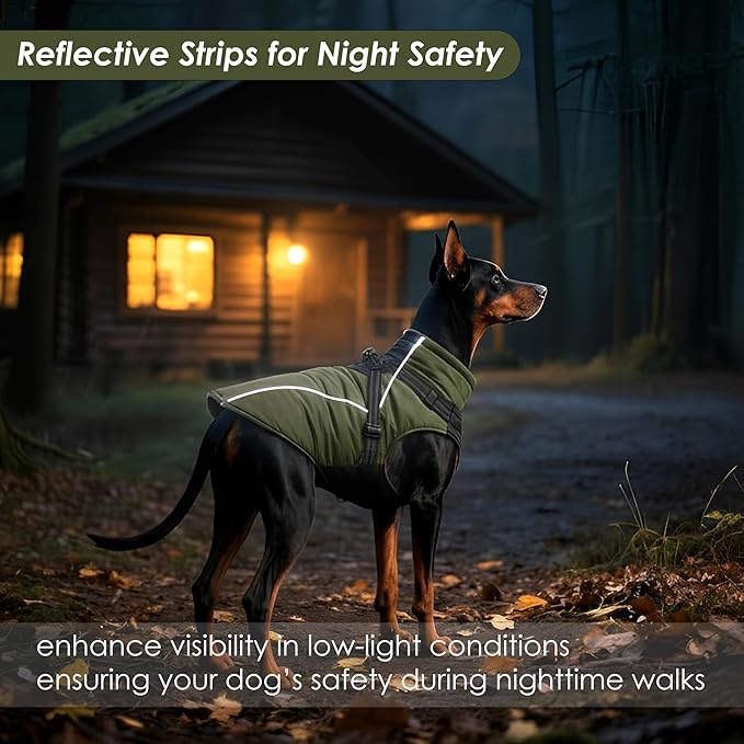 ASENKU Reflective Dog Coat with Built-in Harness, Windproof Fleece-Lined Dog Jacket for Small, Medium, Large Dogs, Warm Winter Vest with Turtleneck & Zipper (Green 3XL)