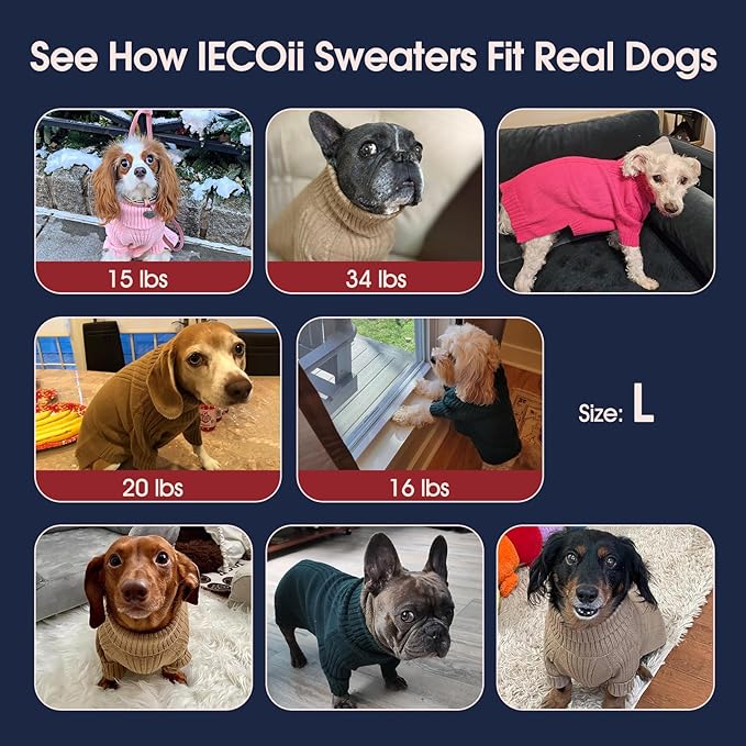 IECOii Dog Sweaters for Medium Dogs Girl Boy,Christmas Knit Doggy Sweatshirt with Sleeve,Turtleneck Thick Warm Dog Sweaters for Winter,Pullover Knitwear for French Bulldog,Boston Terrier (Burgundy,L)