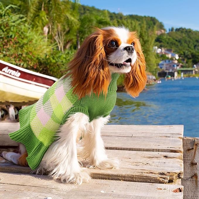 Dog Sweater Dress Plaid Knitwear for Small Medium Dogs Warm Puppy Pet Turtleneck Stretch Pullover Cute Fall Winter Vest Clothes with Leash Hole for Christmas (Green, XS)
