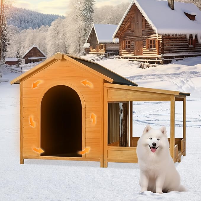 Merax 60.2" Wooden Dog House Outdoor with Insulated Liner for Winter, Extra Large Breed Outside Kennel with Weatherproof, Asphalt Roof, Elevated Floor, Fencing and Porch, for Medium & Large Dogs