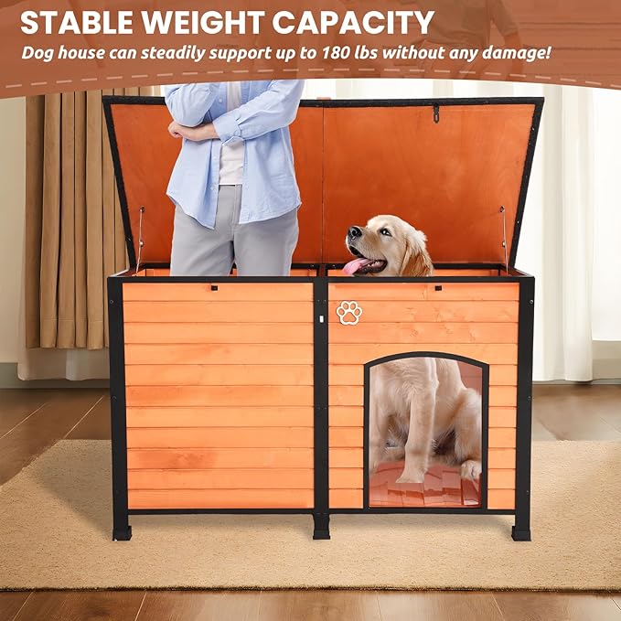 Outdoor Dog House, 55” Extra Large Wooden Dog House with Anti Bite Iron Frame Weatherproof Finish Outside Paw Print Dog House for Large and Medium Dogs (Brown, 55" Dog House)