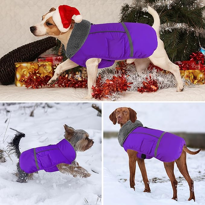 Dogcheer Warm Dog Coat, Christmas Dog Jacket Waterproof Puppy Winter Coat with Buckles, Reflective Adjustable Pet Snow Jacket Turtleneck Fleece Sweater for Small Medium Large Dogs - Purple, 2XL