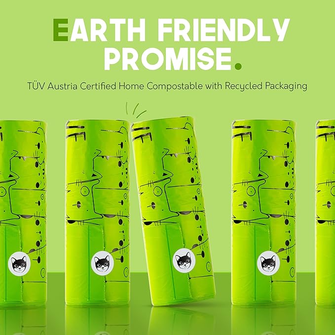 Certified Home Compostable Cat Litter Bags For Poop - 10% to Charity - Cornstarch-Based - For Cleaning Up Litter Trays - NF T51-800 Compliant - 60 Extra Large Disposable Bags