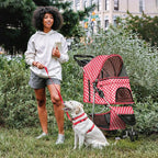 MoNiBloom 3 Wheels Pet Dog Cat Stroller for Small Medium Dogs Cats, Foldable Jogger Stroller w/Storage Basket and Cup Holder, Hot Pink Polka Dots