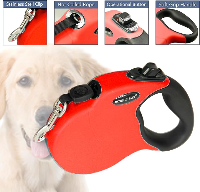 Retractable Dog Leash Hands-Free Adjustable Length 16ft with Safety Lock Durable Nylon Belt for Small Medium Large Dogs Easy Walk Training Portable Dog Leash Red M