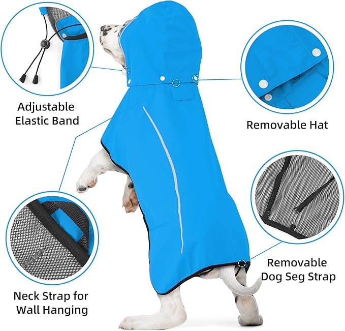 Mile High Life Dog Raincoat, Adjustable Waterproof Pet Rain Jacket, Reflective Hooded Poncho for Small Medium Large Dogs, Lightweight Breathable Pet Rain Coat (Blue,L Chest 26"-33")
