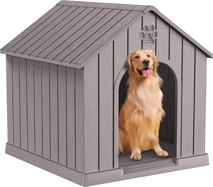 DRATO Indoor Outdoor Waterproof Dog House,PP Material,Puppy Shelter with Air Vents and Elevated Floor,Sturdy Dog Kennel for Small to Large Sized Dogs, Easy to Assemble (Gray, 38.62×36.26×38.07 Inches)