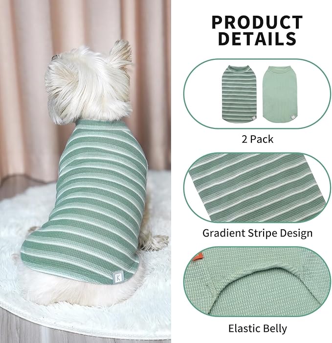 KYEESE 2Pack Waffle Dog Shirts Stretchy Dog T-Shirts Lightweight Dogs Tank Top Sleeveless Striped Dogs Shirt Vest Breathable, XX-Large, Green+Striped