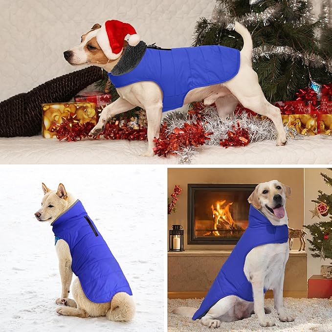 Dog Winter Coat, Waterproof Dog Jacket with Leash Hole, Reflective Adjustable Pet Snow Vest, Warm Fleece Sweater for Small Medium Large Dogs - Blue, XL